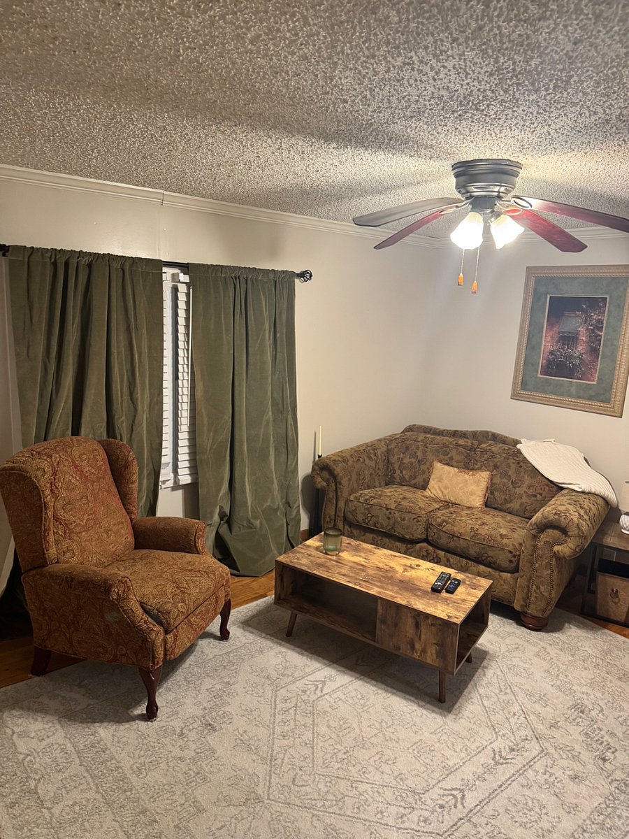 Living Room with Smart TV, black out curtains, ceiling fan