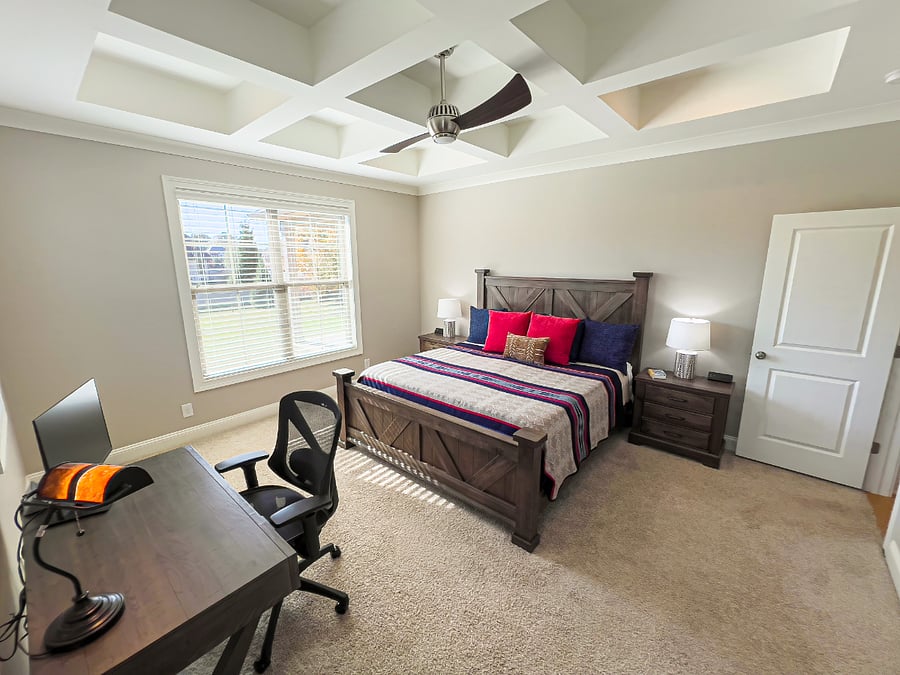 Master Bedroom King Bed Desk with 27 inch second monitor and HP wireless Printer.