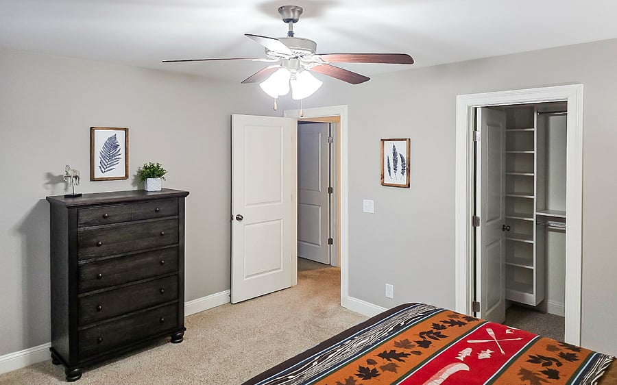 4th bedroom on 2nd floor does not have a closet available. But has large luggage rack and clothes hangers. Queen Bed. Large chest of drawers.