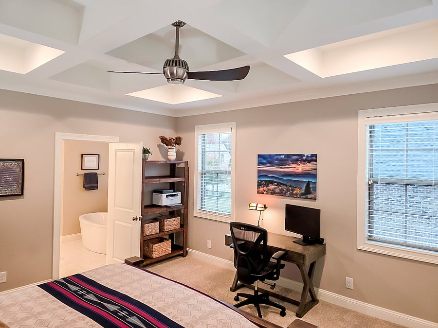 Desk with 27 inch second monitor and HP wireless Printer. Starter package of paper. Storage baskets for storing your things.