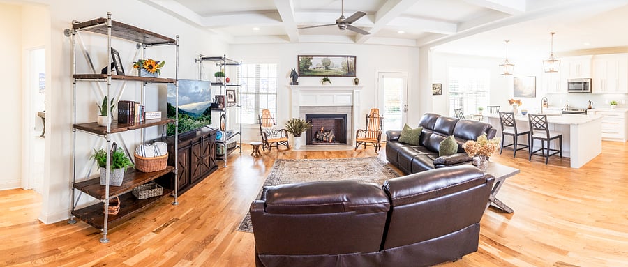 Every seat has a great view of the TV and so easy to socialize and enjoy the fire in the fireplace.