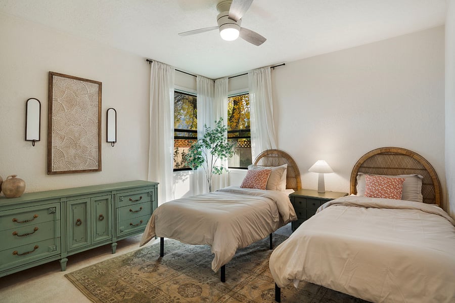second bedroom downstairs- two twin beds/dresser and plenty of closet space
** Please note, this bedroom can be converted to a queen bed upon request if preferred*