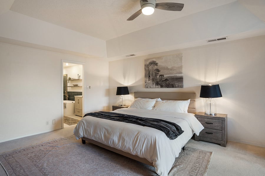 master bedroom retreat- complete with king size bed, high end mattress, huge sitting area, smart tv and on-suite bathroom and private patio