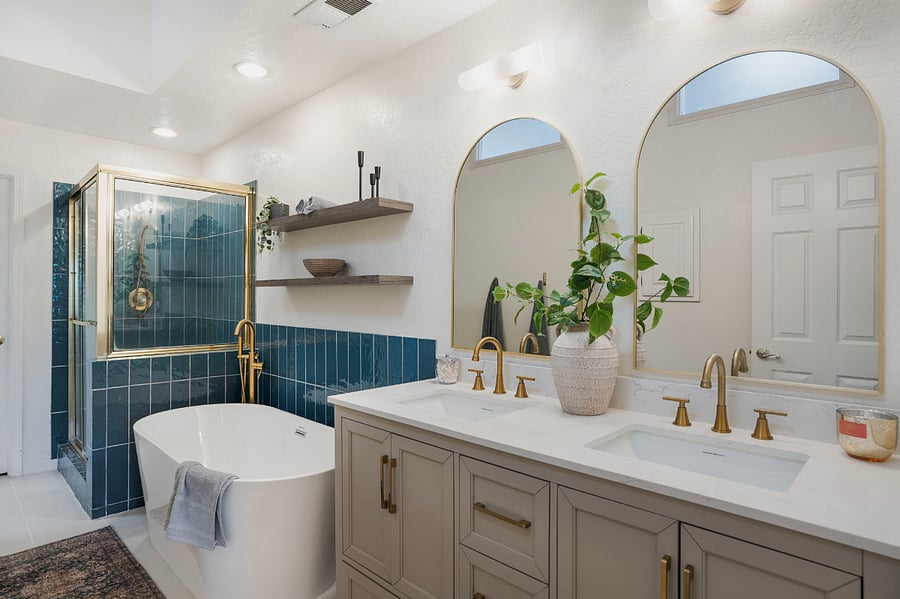 fully redesigned master bathroom retreat- soaker tub, shower, dual vanity, huge closet