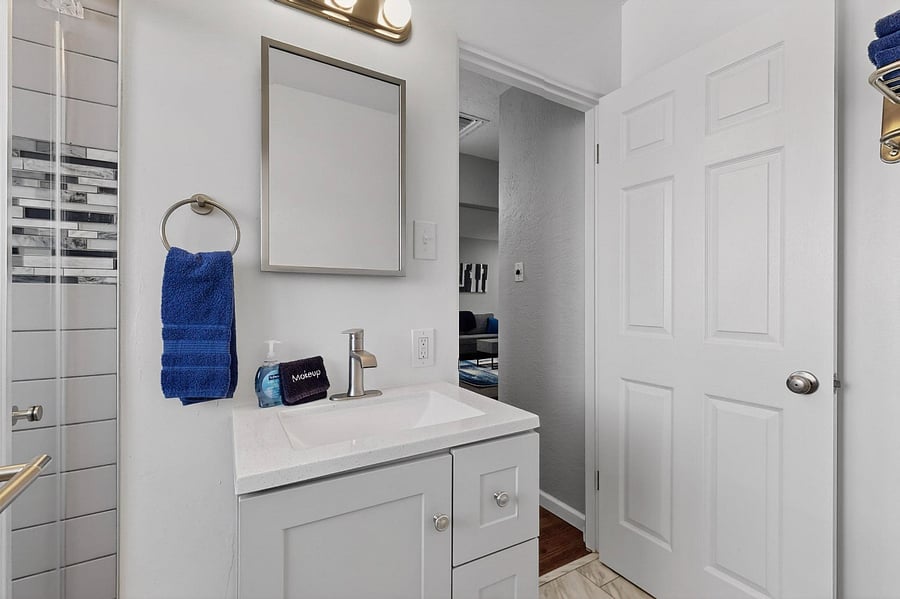 Remodeled bathroom with walk-in shower