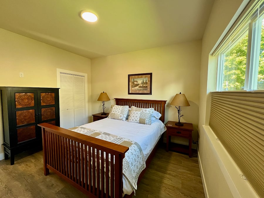 Queen bed - Bed linens - Closet - Clothing storage - Extra pillows and blankets - Hangers - Heating - Room-darkening shades - Luggage rack