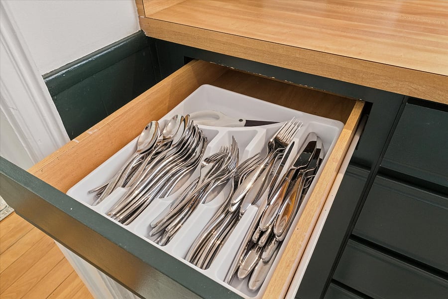 Plentiful and ready for the weekendour South Bend guest retreat silverware drawer is stocked with flatware for every meal, from cozy breakfasts to alfresco dinners near Notre Dame.