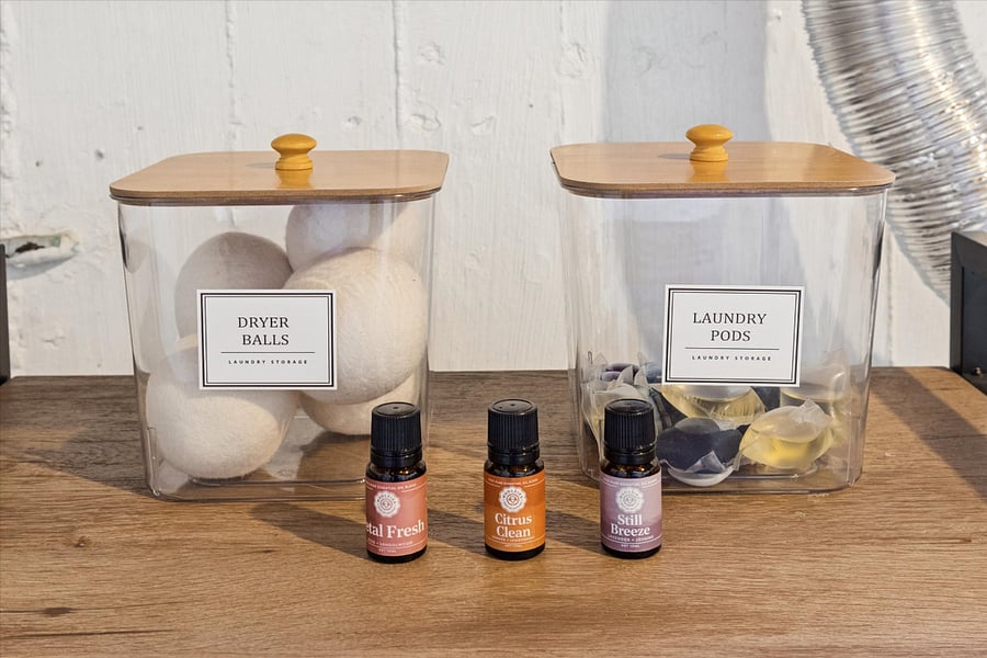 Fresh, functional, and family-ready our South Bend guest retreat laundry station features pods, dryer balls, and a variety of essential oils so you can choose your favorite fresh scent.