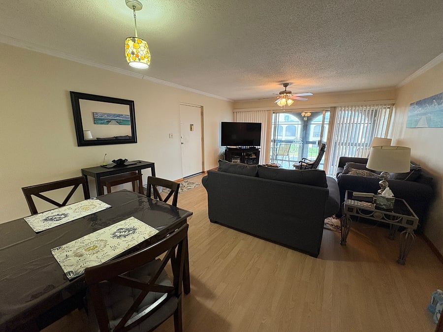 floor plan and view from kitchen