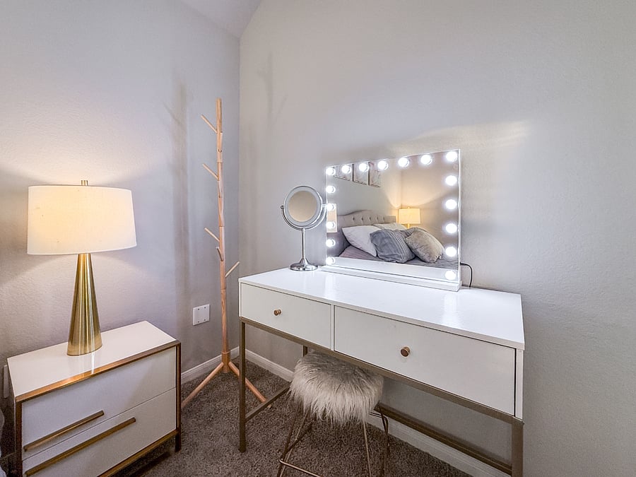Glam vanity station with LED mirror and elegant dcorperfect for getting ready, doing makeup, or enjoying a quiet personal moment.