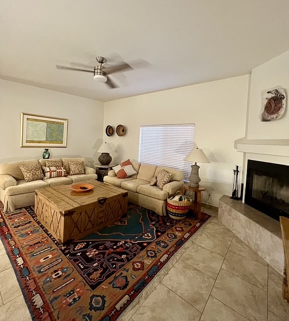 Living room featuring wood burning fireplace and original artwork.and beautiful rug