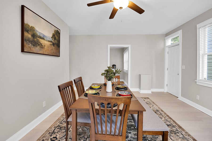 Elegant dining space with seating for six open layout ideal for meals, work, or conversation.