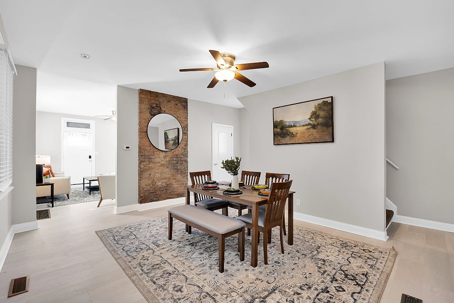 Elegant dining space with seating for six open layout ideal for meals, work, or conversation.