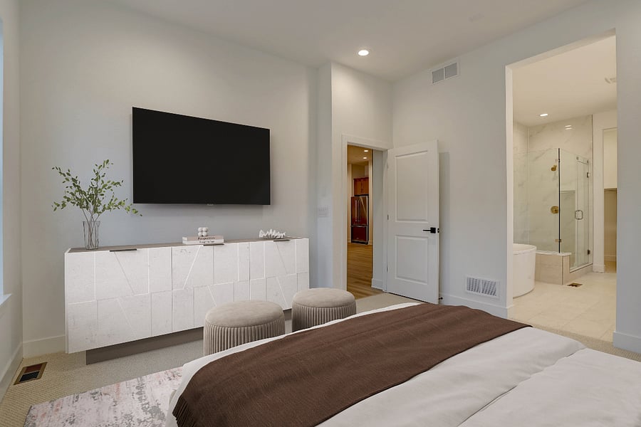 Primary Bedroom: Virtual furniture. Actual furniture will be a similar style, but with a mounted TV.