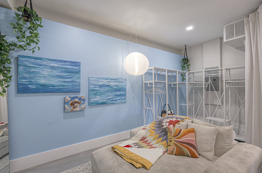 Calming blue tones and plush textures create total comfort.