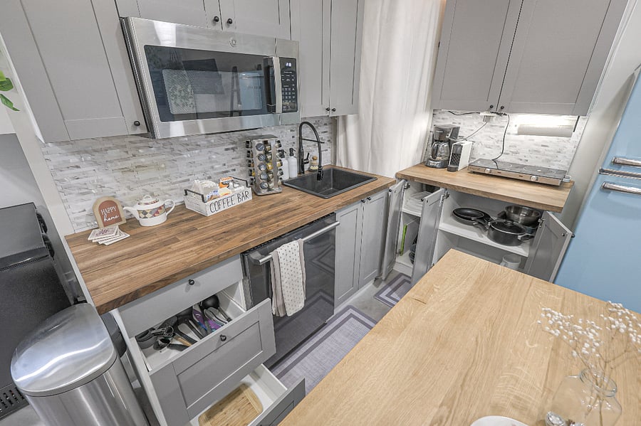 Simple, bright space for creating meals or casual coffee breaks.