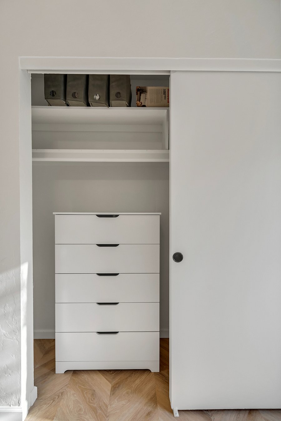 Bunk Bedroom Closet with Dresser, Extra Blankets, Sheets, Fan