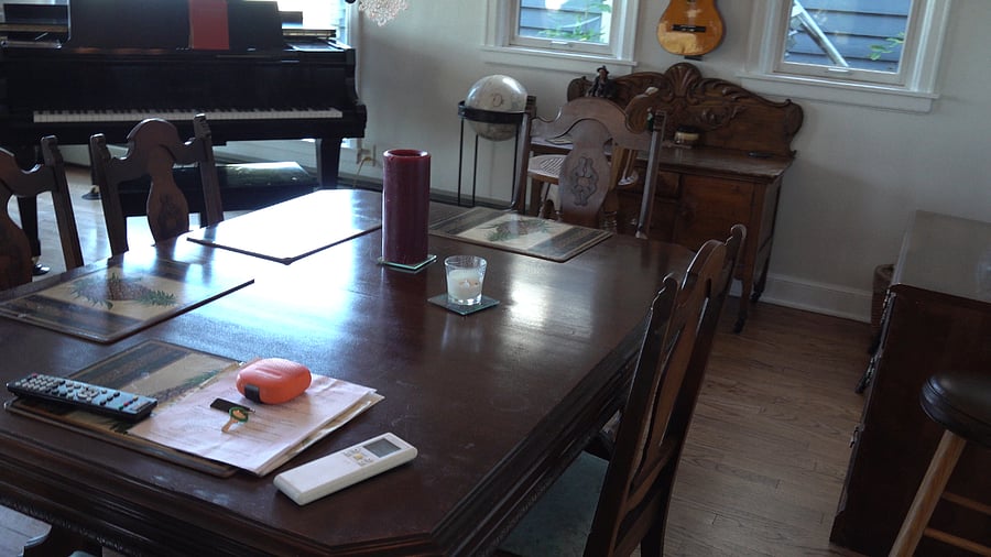 Dining table has a leaf to seat 6-8 comfortably.