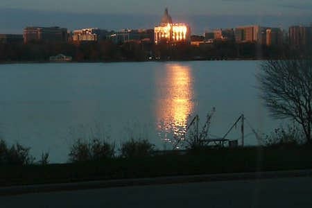 Winter sunset bouncing off of downtown building