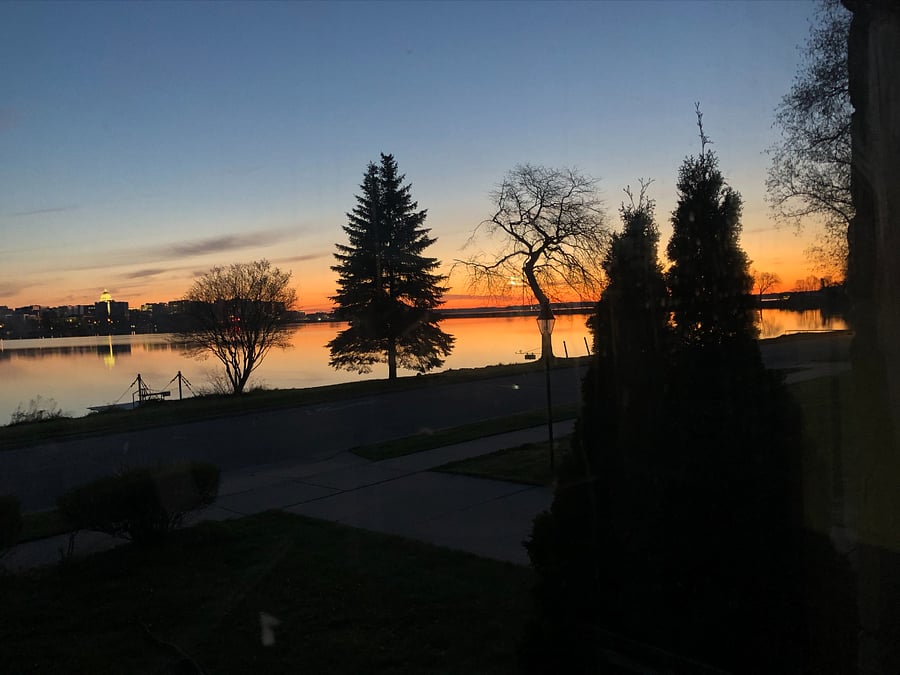 View of sunrise over Lake Monona, looking NE.