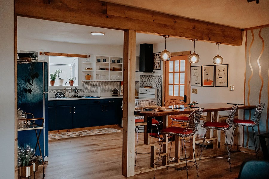 Large kitchen with Bar top eating. 
