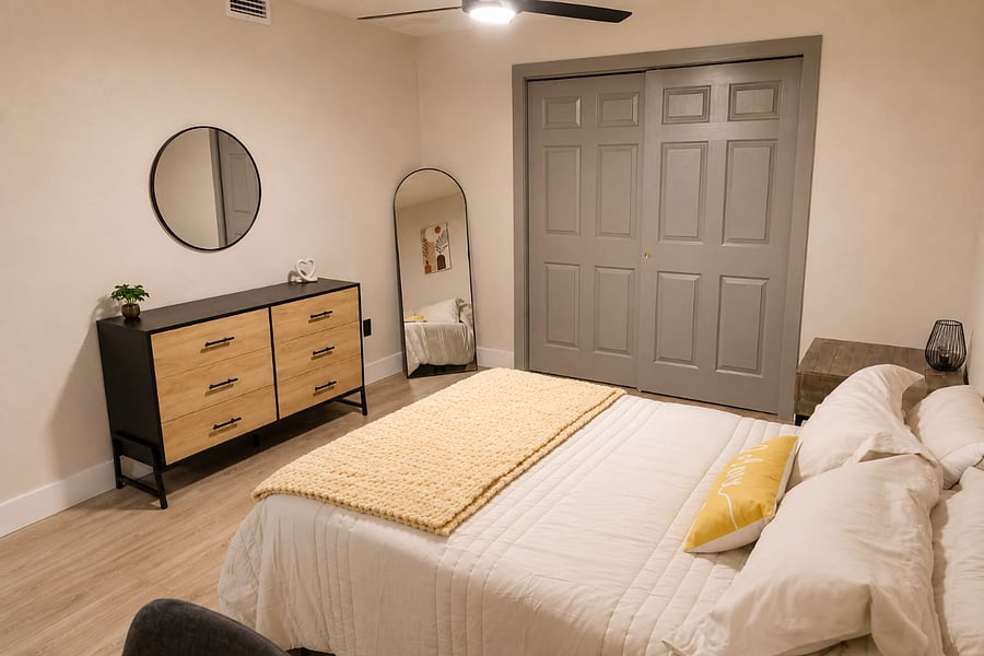 Full Size Bed, Office Space, Closet and Dresser
