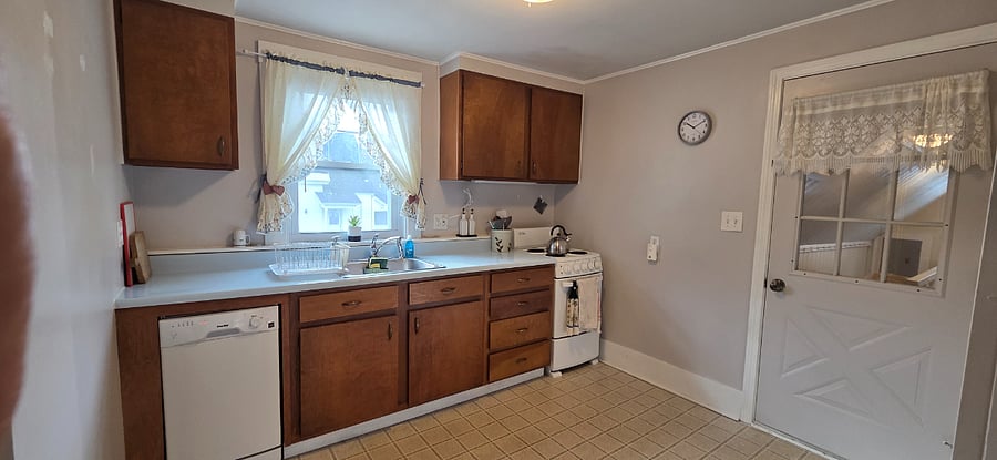Kitchen has a microwave, toaster oven, coffee maker, blender, dishes, mugs, cups, silverware, gadgets, pots and pans and everything you need to cook and bake. It has an apartment-sized dish washer and electric stove.