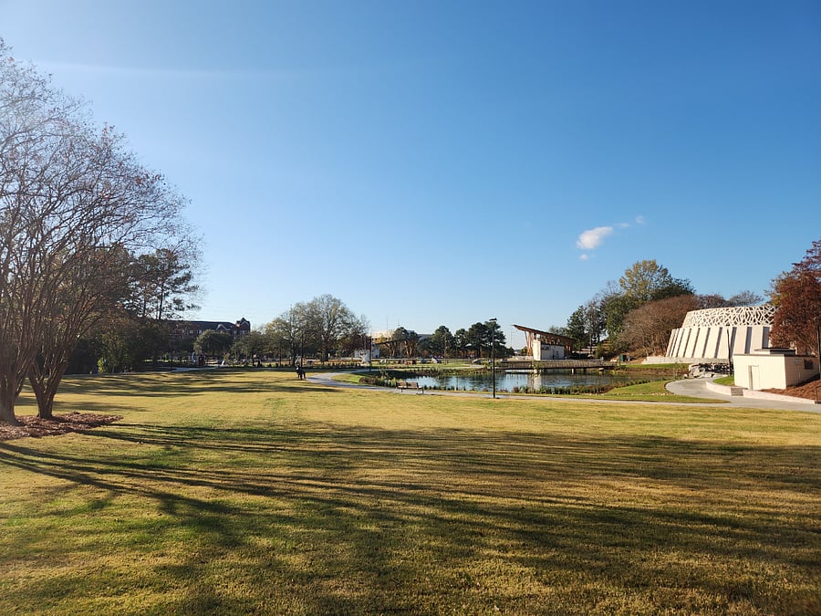 Findlay Park - amphitheater across the pond; Parkside building is on the left.