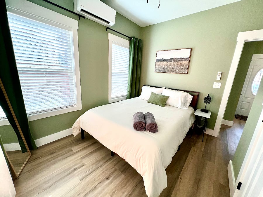 Windows with blinds and darkening curtains