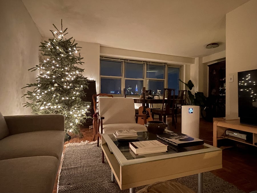 Cozy open living / dining room with sweeping views of Manhattan and Empire State Building.