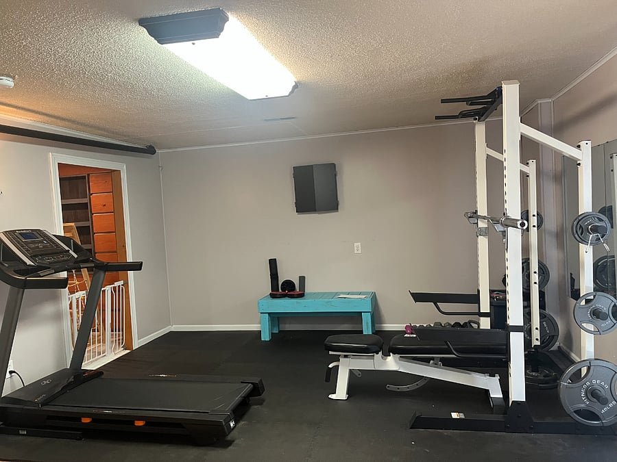 Workout area in finished basement.
