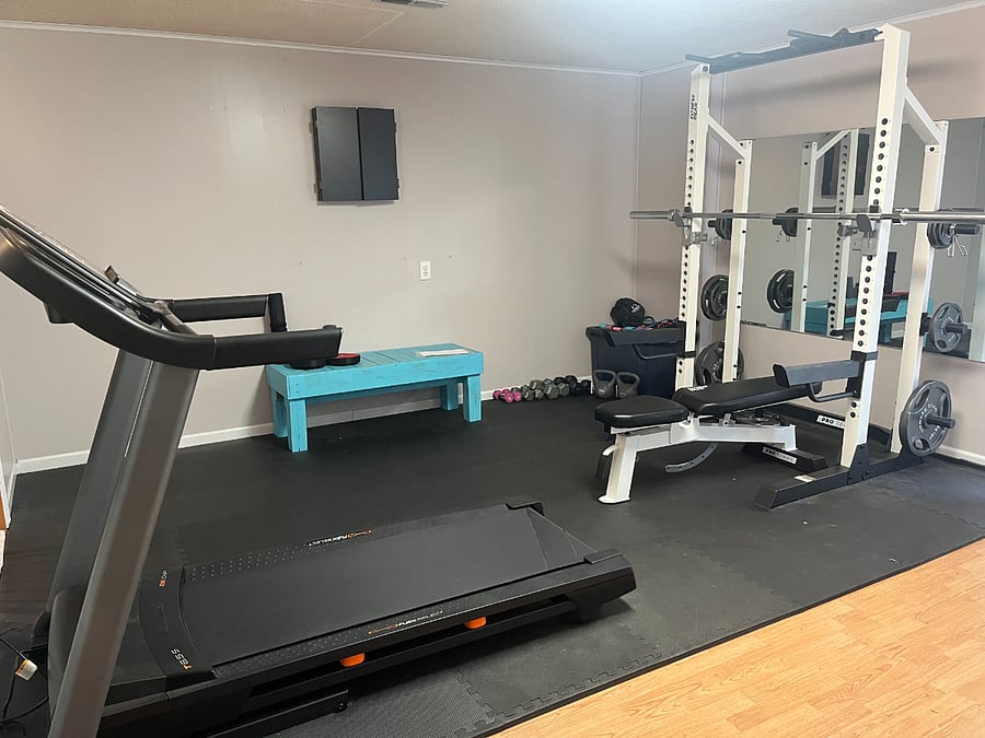 Workout area in finished basement.
