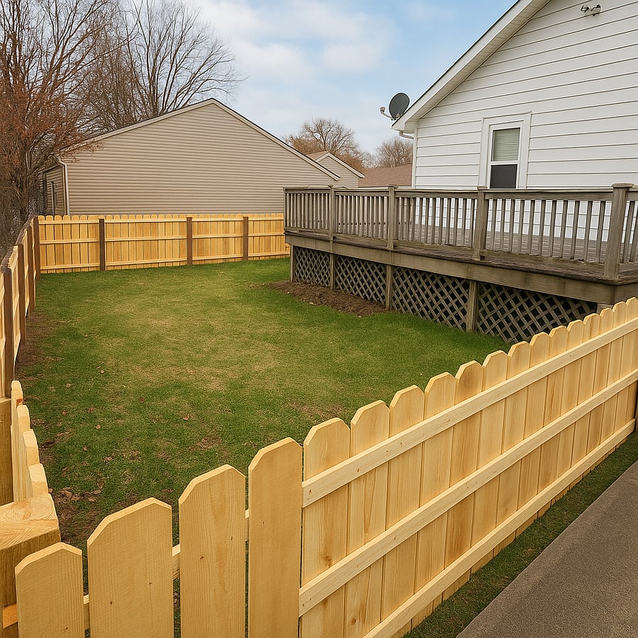 Fenced in backyard with deck