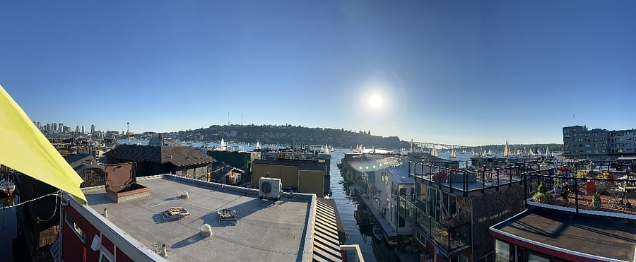 View from the rooftop deck to Lake Union. Roof in foreground is neighbor's