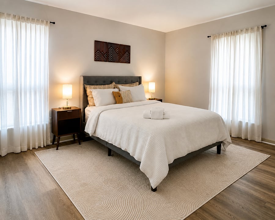 Luxury modern bedroom with fresh linens, soft lighting, and relaxing neutral decor.