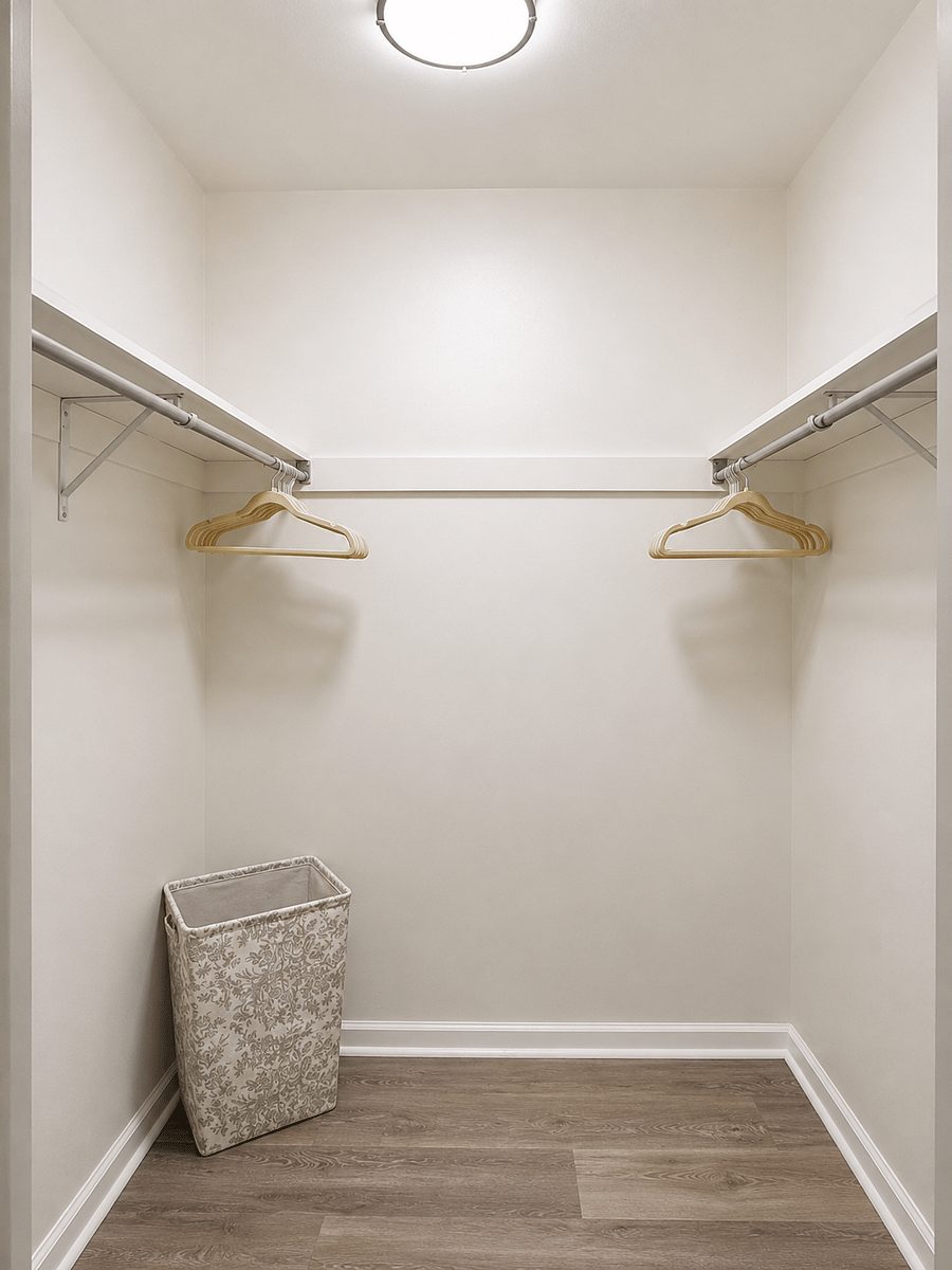 Two spacious walk-in bedroom closets equipped with plenty of hangers, an iron, and ironing board.