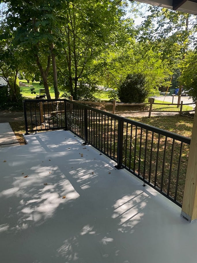 Front porch looking at private, access driveway