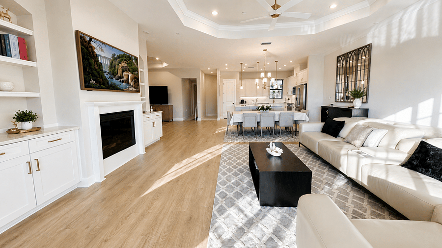 Fireplace - Open Concept Living Room - Dining Room - Den - Kitchen