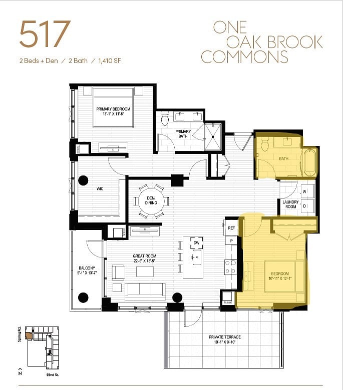 Plan of Apt Unit 517 - 2nd Private Bedroom & 2nd Bathroom (Highlighted in Yellow)