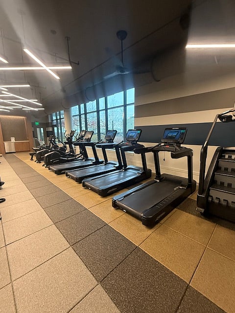 State-of-Art Fitness Equipment -Treadmills, Ellipticals, Stationary Bikes, Stairsteps, looking out to the beautifully landscaped rooftop  