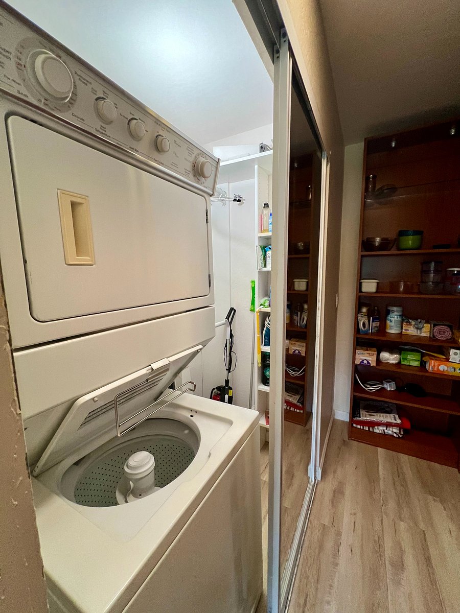 stackable washer and dryer, Ironing board, all necessary items for cleaning 