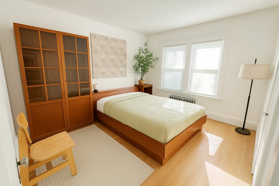 Inviting guest bedroom with soft lighting, beautiful wood furniture, and a peaceful, mid-century vibe.