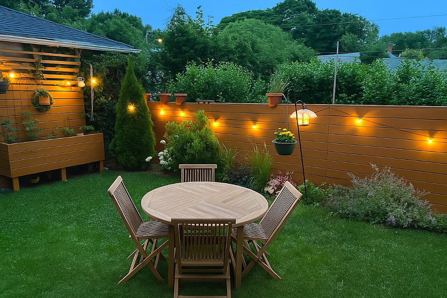 Beautifully landscaped backyard with seating and warm evening lighting.