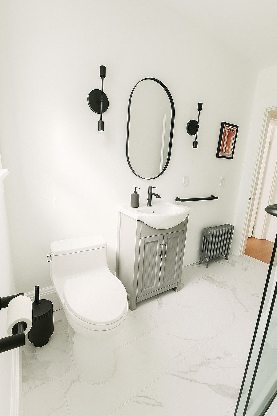 Newly renovated bathroom with marble-look tile, walk-in glass shower, and Toto one-piece toilet.