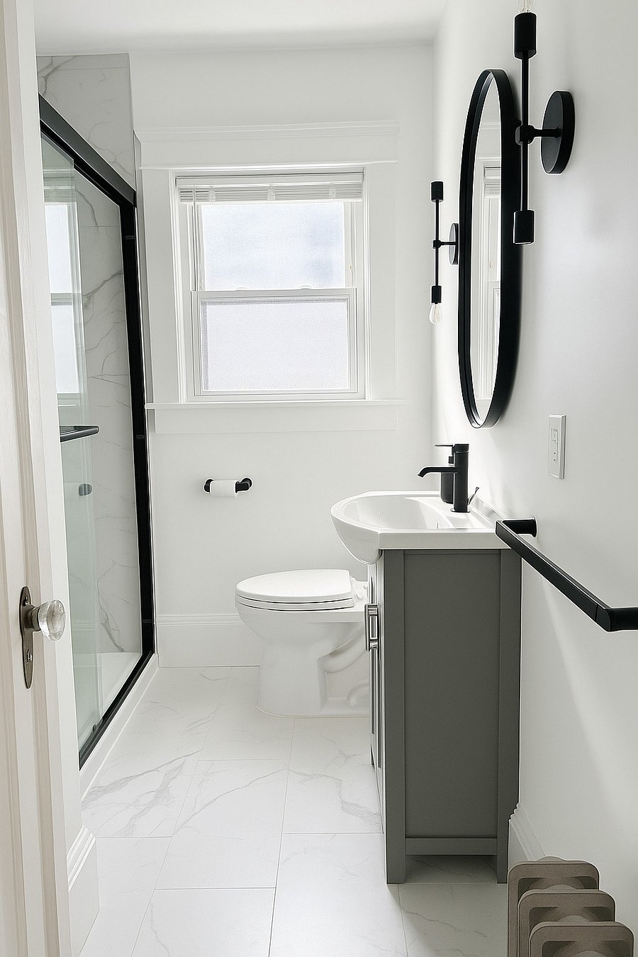 Sleek modern fixtures and a soft-gray vanity complement this bright, spa-like bath.