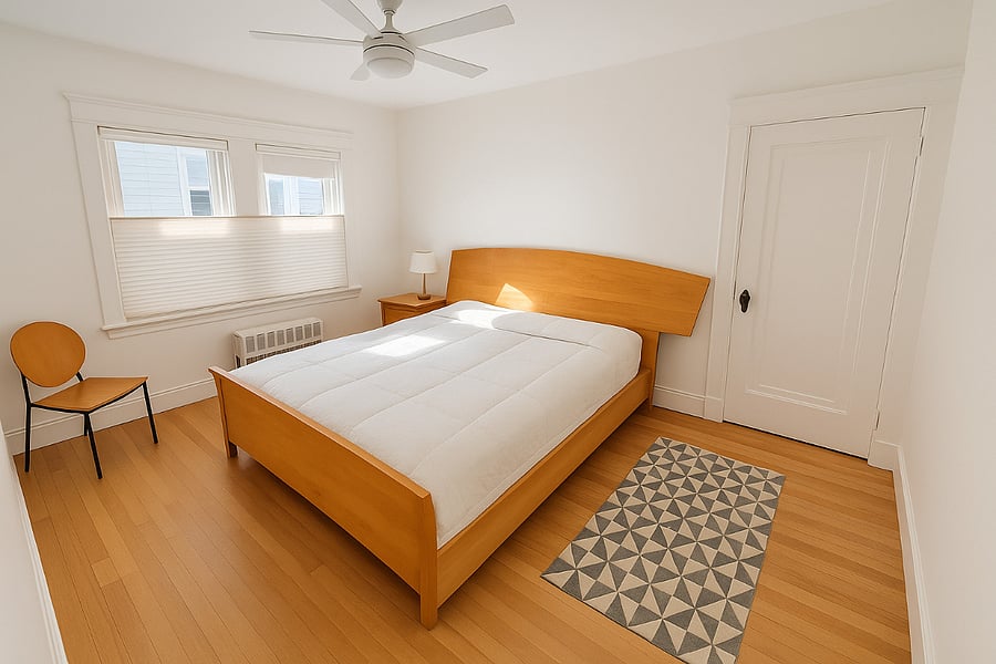Bright and spacious master bedroom featuring an Italian laminate adjustable bed with a new Serta medium-firm hybrid mattress perfect for sitting up to read or watch TV. Includes a walk-in closet with built-in bureau and authentic mid-century furnishings for a warm, refined feel.