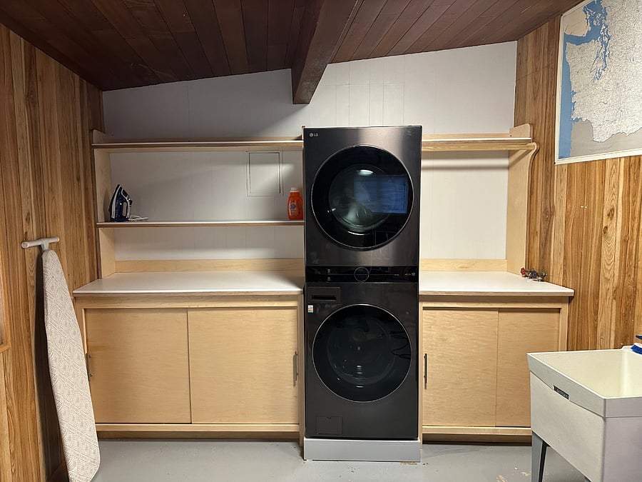 LG ThinQ Washer Dryer tower & well outfitted laundry Cabinets w/ built in hanging clothes bar
Enjoy the Steam Dry feature for wrinkle free clothes