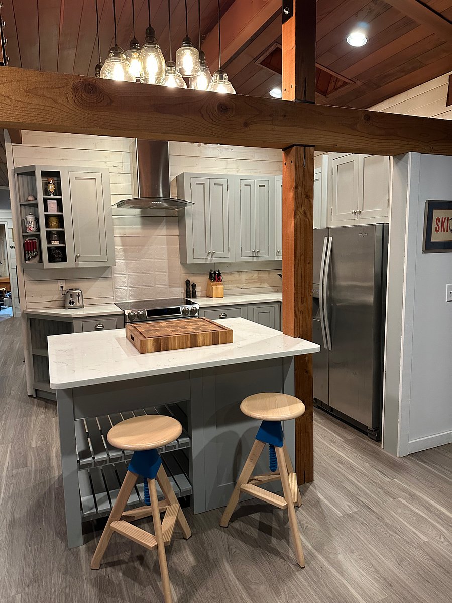 Custom Big Oak cutting board and lots of room to make a special meal. Touch open "Magic Corner" reveal loads of hidden storage space.