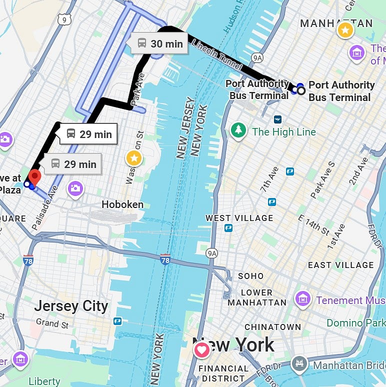 Direct bus to Manhattan ~30 min in rush hour