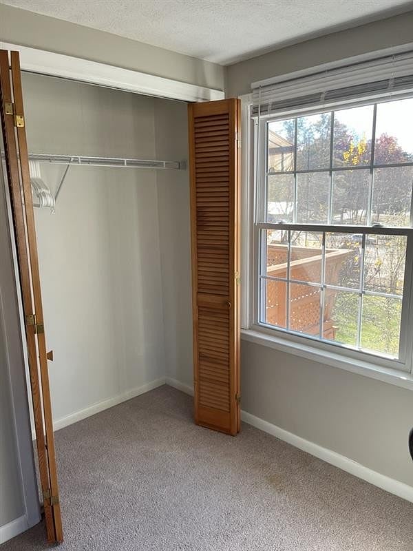 Spacious guest bedroom closet with hangers and laundry basket provided.